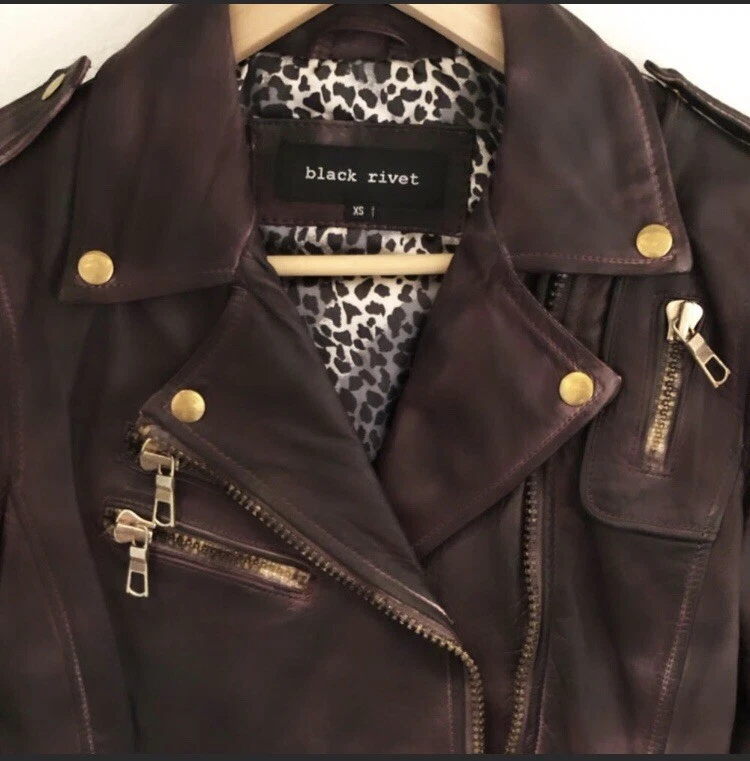 Black rivet center zip clearance leather jacket