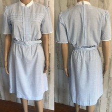 vtg 70s K.C. Seersucker Dress Sz 12P Blue White Stripe Belted Cotton Blend USA