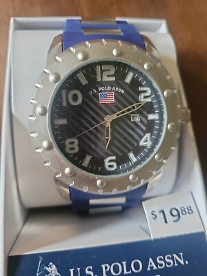 U.S. Polo Assn Japanese Quartz Mens Jewelry Watch Date Silver/Blue USA Flag NEW 