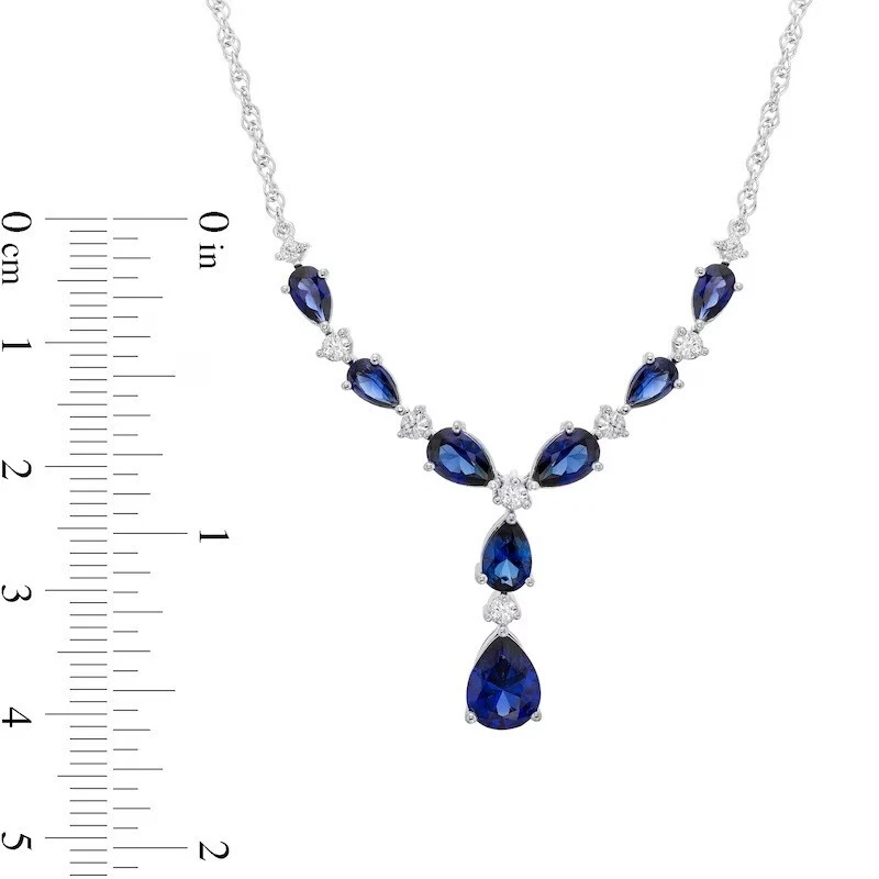 6Ct Pear Lab-Created Sapphire Women's Party Wear Necklace 14K White Gold Plated - Image 3 of 4