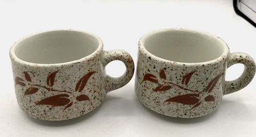 Vintage Jackson China restaurant ware speckled stenciled Green Brown mugs