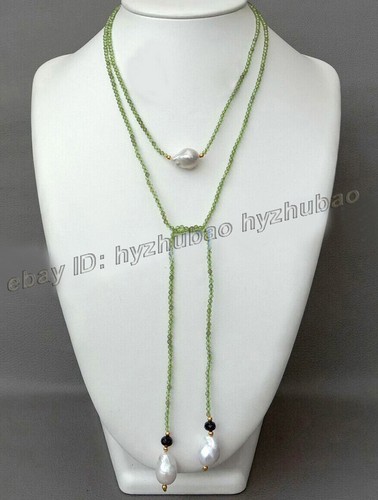 3mm Faceted Green Peridot Gem Natural White Keshi Baroque Pearl Pendant Necklace - Picture 4 of 6