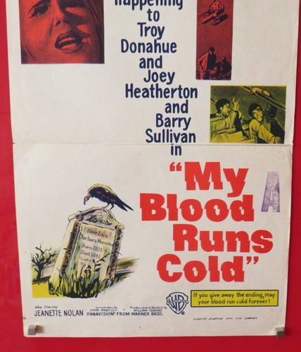 MY BLOOD RUNS COLD ORIGINAL 1965 DAYBILL CINEMA MOVIE POSTER Troy Donahue 60's - Picture 3 of 7