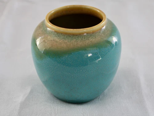 Rookwood 5”H Vase Turquoise & Tan Gloss Glaze. Mold #6319 by JDW. Dated 1932