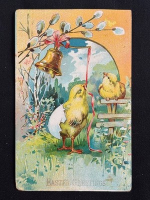 Easter Greetings Postcard Baby Chicks Hatching Egg Ringing Bell Posted 1909 Old