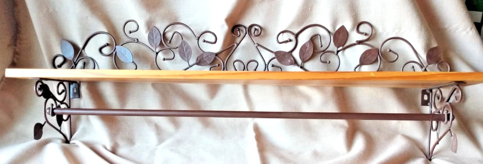 Country Farmhouse Style Pine Wood and Brown Wire Ivy Wall Shelf Ledge w Bar - Image 3 of 4