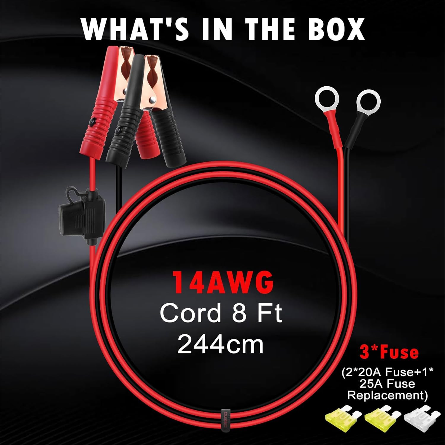 8Ft/2.44M 14 AWG Extension Cord Eyelet Terminal with Battery Clamp 12V/ 24V Batt