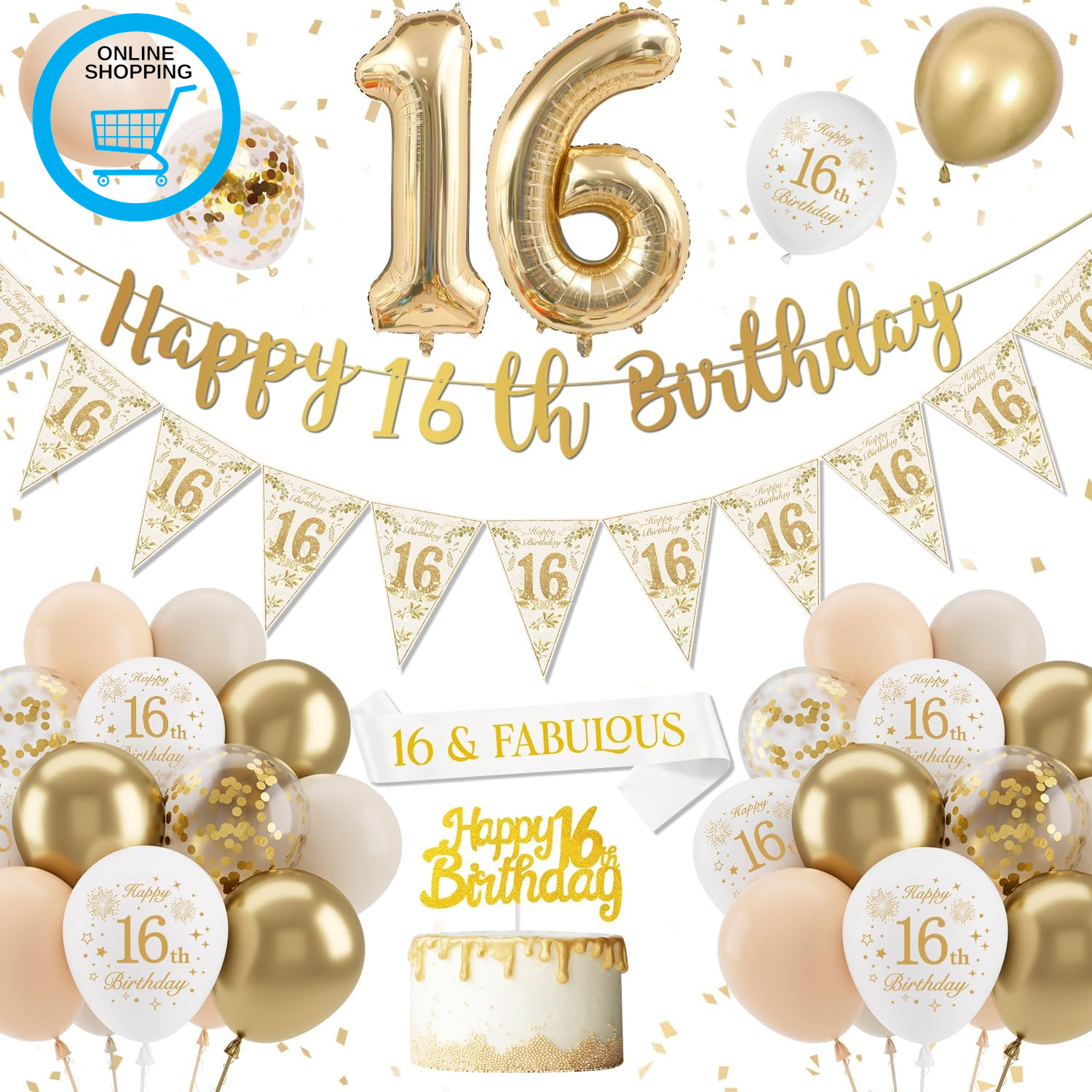 Gold & White 16Th Birthday Decorations - Banner, Balloons, Cake Topper & Confett