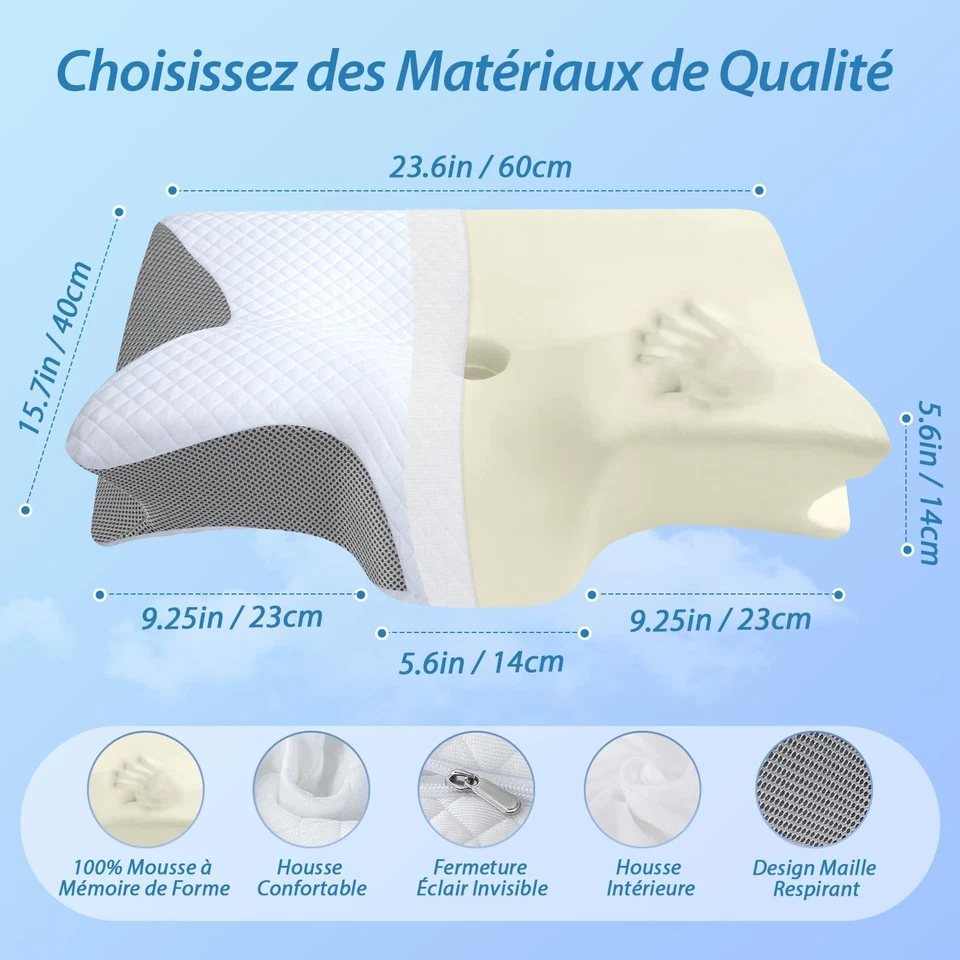 Oreiller cervical à mémoire de forme HOMCA gris ergonomique - Photo 2/4