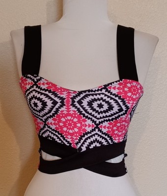 charlotte russe pink and black strappy crop top Women's XS ~ NICE
