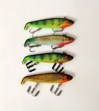 (4) Vintage Tom Mann's Pogo Minnow 3D Photo Crankbait Fishing Lures Lot of 4