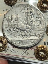 R2 RARISSIMA Moneta 2 LIRE 1911 ARGENTO SILVER PERIZIATA Regno d'Italia 