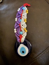 Glass Evil Eye with Multicolor Macrame Hanging Blue Decorative Wall Hanging