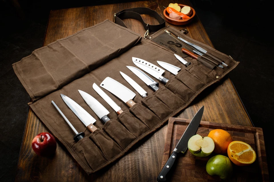 Bolso con rollo de cuchillo de chef - Hecho de lona encerada y cuero genuino de grano superior Foto 2 de 4