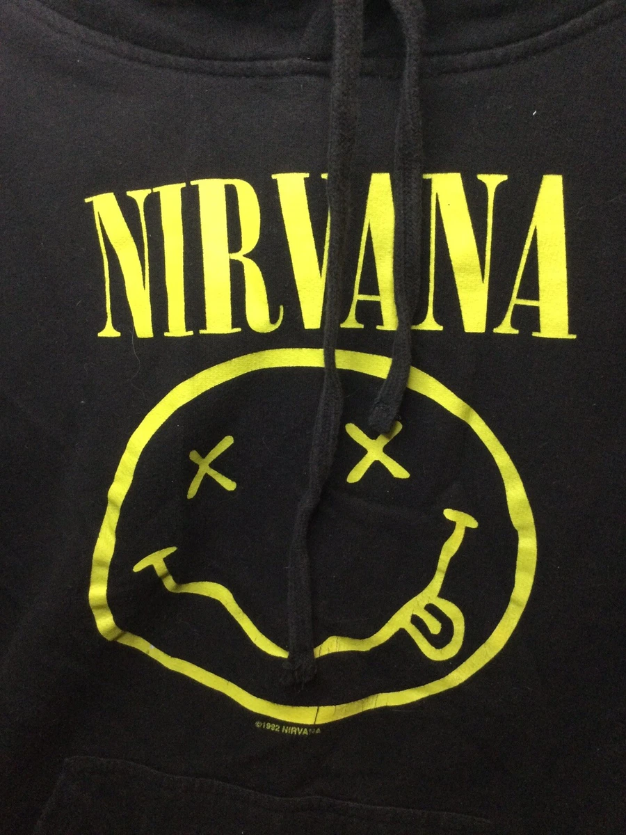 black hoodie with yellow smiley face