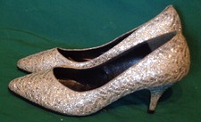 Vintage Silver Glitter Metallic Lace High Heel Shoes Mc Lady 6 B