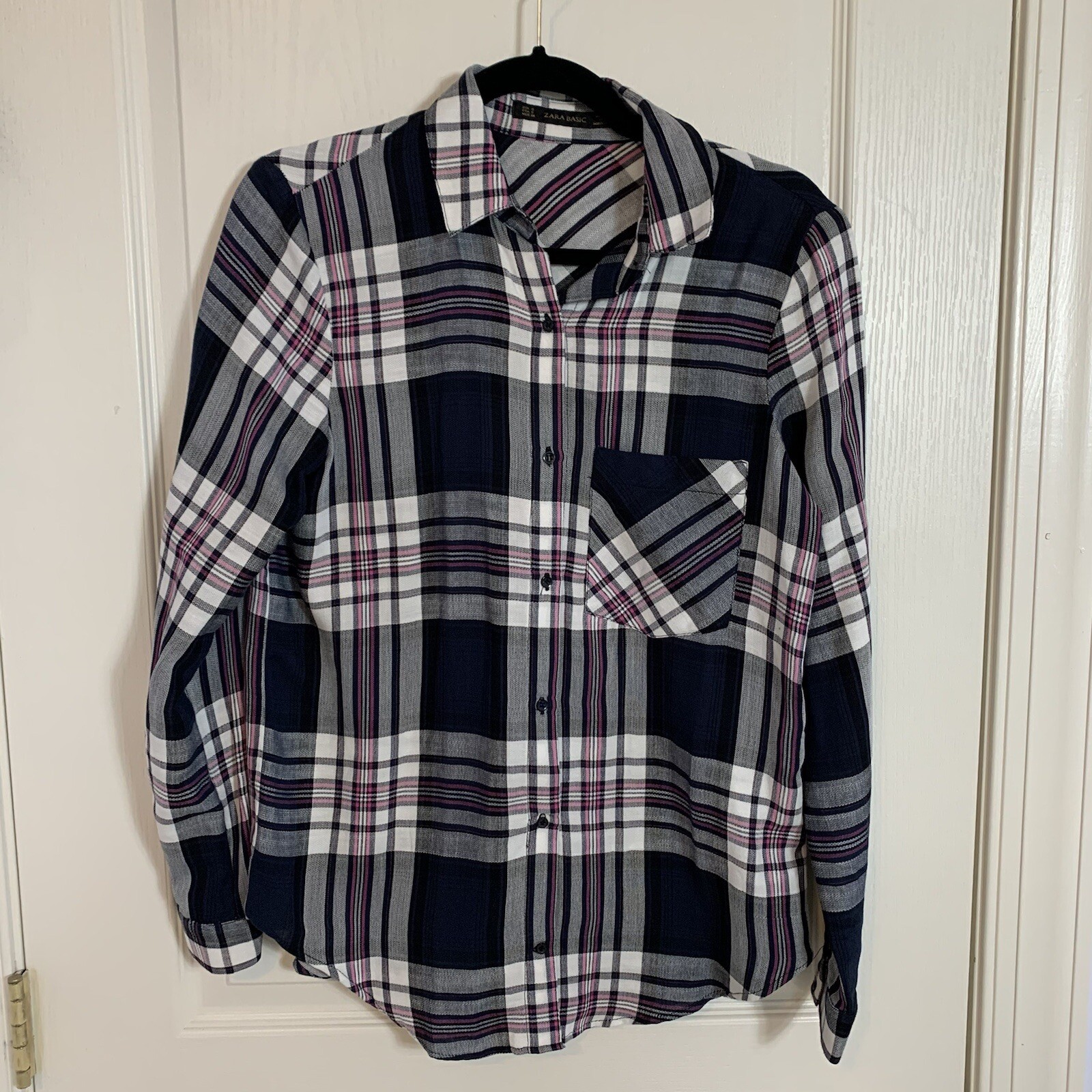 Zara Basic Small Blouse Top Button Down Navy Pink… - image 1