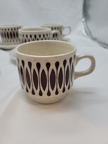 Biltons England Brown Speckled Geometric Floral Vntg Ironstone Cups And Saucers - Picture 5 of 14