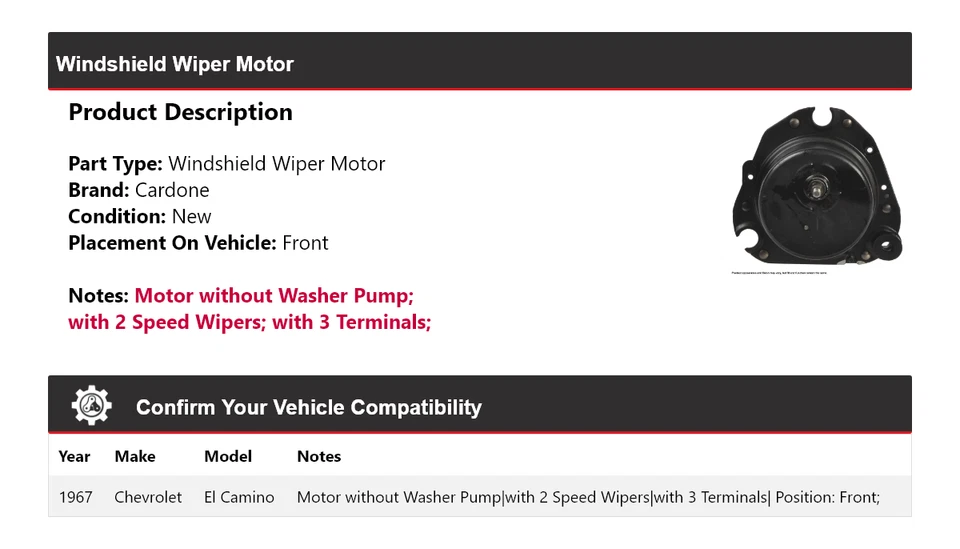 Para Chevrolet El Camino 1967 Limpiaparabrisas Motor Delantero Cardone Foto 2 de 4