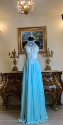 SHEER Embroidery Open Back Rhinestone Long Evening Gown prom dress