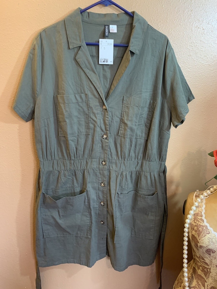 h&m green button down dress Women's Green Short-Sleeved Shirt Dress