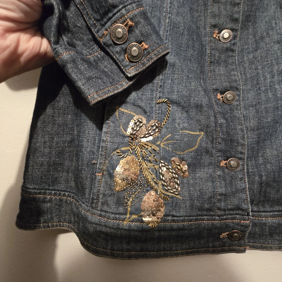 Coldwater Creek Denim Jacket Women 18W Sequin Beaded Floral Trucker Western Boho - Image 4 of 4