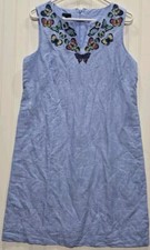 Talbots Womens Blue Linen Cotton Floral Embroidered Butterflies Shift Dress Sz 8