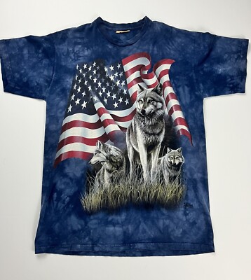 Vintage 2001 Tie-Dye The Mountain American Wolf Nature T-Shirt Blue Gray USA Y2K