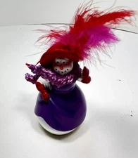 Red Hat Society Ceramic Lady Snowman Christmas Ornament Hat Feathers 4”