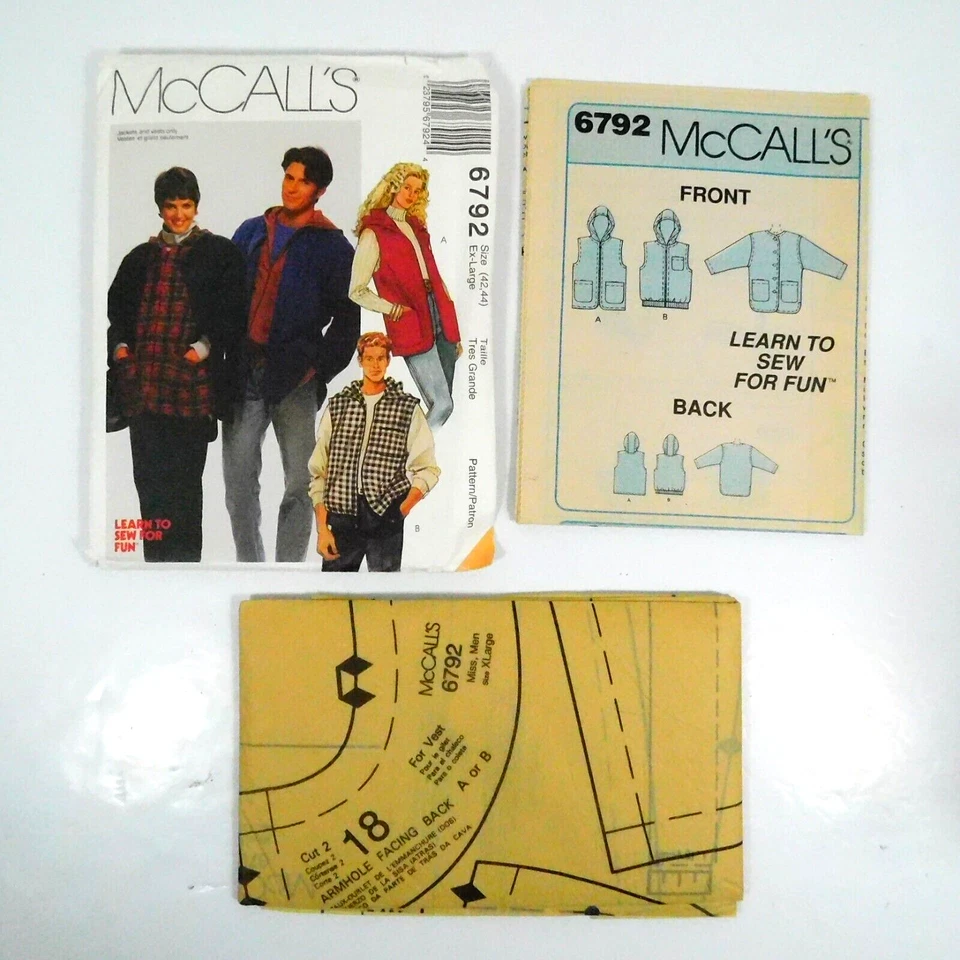 McCalls 6792 Unisex Unlined Jacket Vest Sewing Pattern Size XL Uncut Hood Zipper - Image 2 of 4