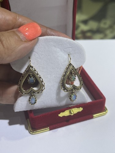 Antique 14k Yellow Gold Hearts Australian Fire Opal Dangle Earrings - Picture 15 of 15