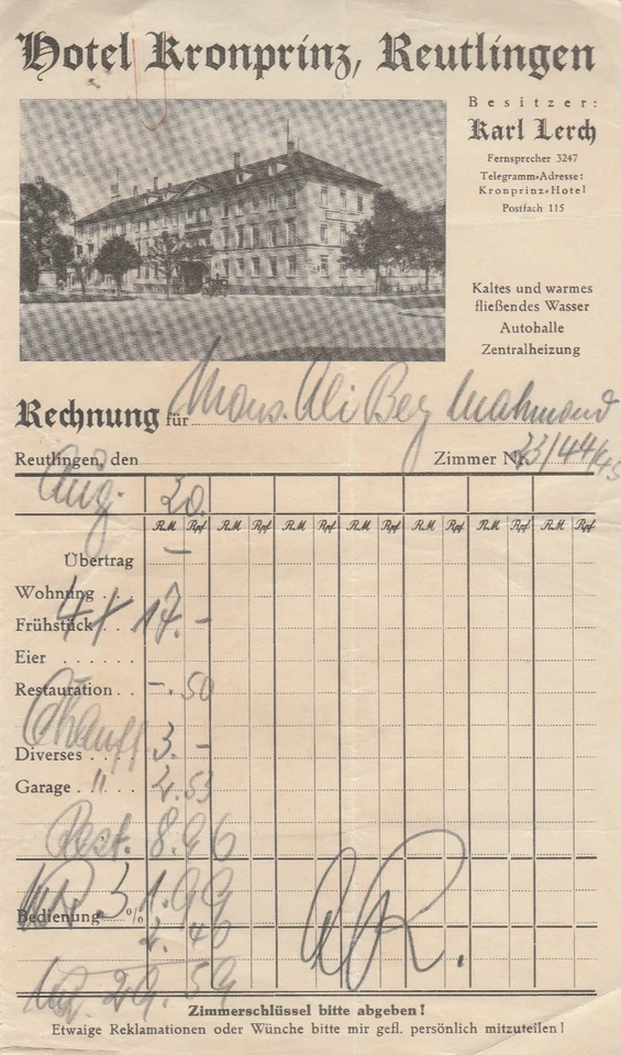 GERMANY Rare Letterhead Invoice HOTEL BRONPRING 1945 - Image 2 of 2