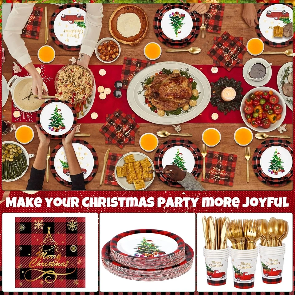 Conjunto de 175 peças de guardanapos para pratos de festa de Natal louça descartável para 25 convidados - Imagem 3 de 4