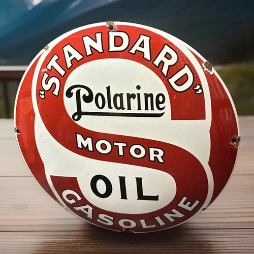 Vintage 12” Standard Gasoline Polarine Oil Dome Pump Plate Porcelain Metal Sign