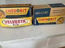 VINTAGE 1960s 4 Pc  2 LB CHEESE SPREAD BOX CHEDOBIT VELVEETA MEL O BIT CARDBOARD