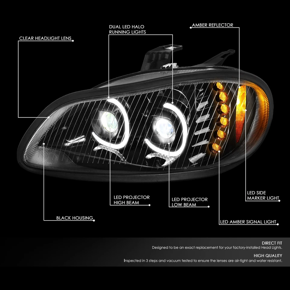 [LED DRL+SIGNAL]FOR 03-19 FREIGHTLINER M2 106 112 PROJECTOR HEADLIGHT LAMP BLACK - Изображение 2 из 4