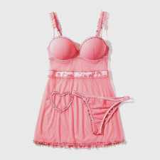 Betsey Johnson Pink Sheer Babydoll Lingerie Set Heart NWT