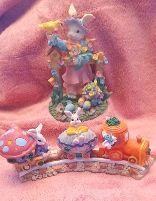 2 EASTER DECOR Resin lot Fragile Girl Bunny Figurine W Bird & Spring Bunny Train