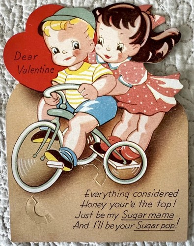 Vintage Valentinstag Junge Mädchen Dreirad Sauger Lutscher Grußkarte 30er 1940er