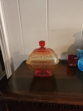 Vintage Red Yellow Square Covered Candy Dish EUC Jeanette Glass Co. 