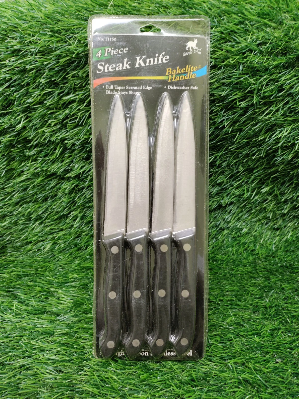 Vintage 4 Piece Silver Lynx Stainless Steel Steak Knife Set Bakelite Handles NOS