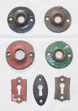 4 Round Antique Door Knob Back Plates and 3 Ant. Key Hole Plates, Arch. Salvage