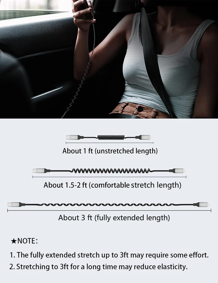 Pacote de 2 cabos de carga rápida USB em espiral para iPhone CarPlay cabo - Imagem 2 de 4