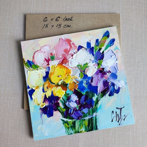 original oil painting Iris colorful flowers artwork Floral wall art 6*6 inch - Picture 8 of 10