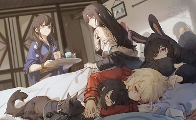 Anime girls moyu marginal animals bunny ears bed drink Playmat Game Mat Desk