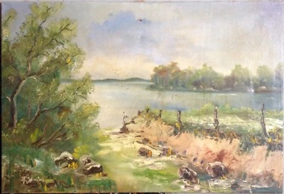 ::LANDSCHAFT MOOR SEEUFER IMPRESSIONIST SIGNIERT ANTIK BOOTSANLEGER UFER NATUR - Bild 1 von 4