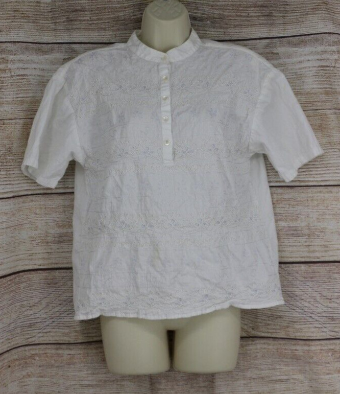 VINTAGE QPS Womens Size Small Quarter Button Up Top Shirt White Padded Shoulders