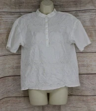 VINTAGE QPS Womens Size Small Quarter Button Up Top Shirt White Padded Shoulders