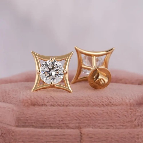 1.00 CT Round Cut EF VS/SI Lab Grown Diamond Prong Set Earrings 14k Yellow Gold - Picture 5 of 6