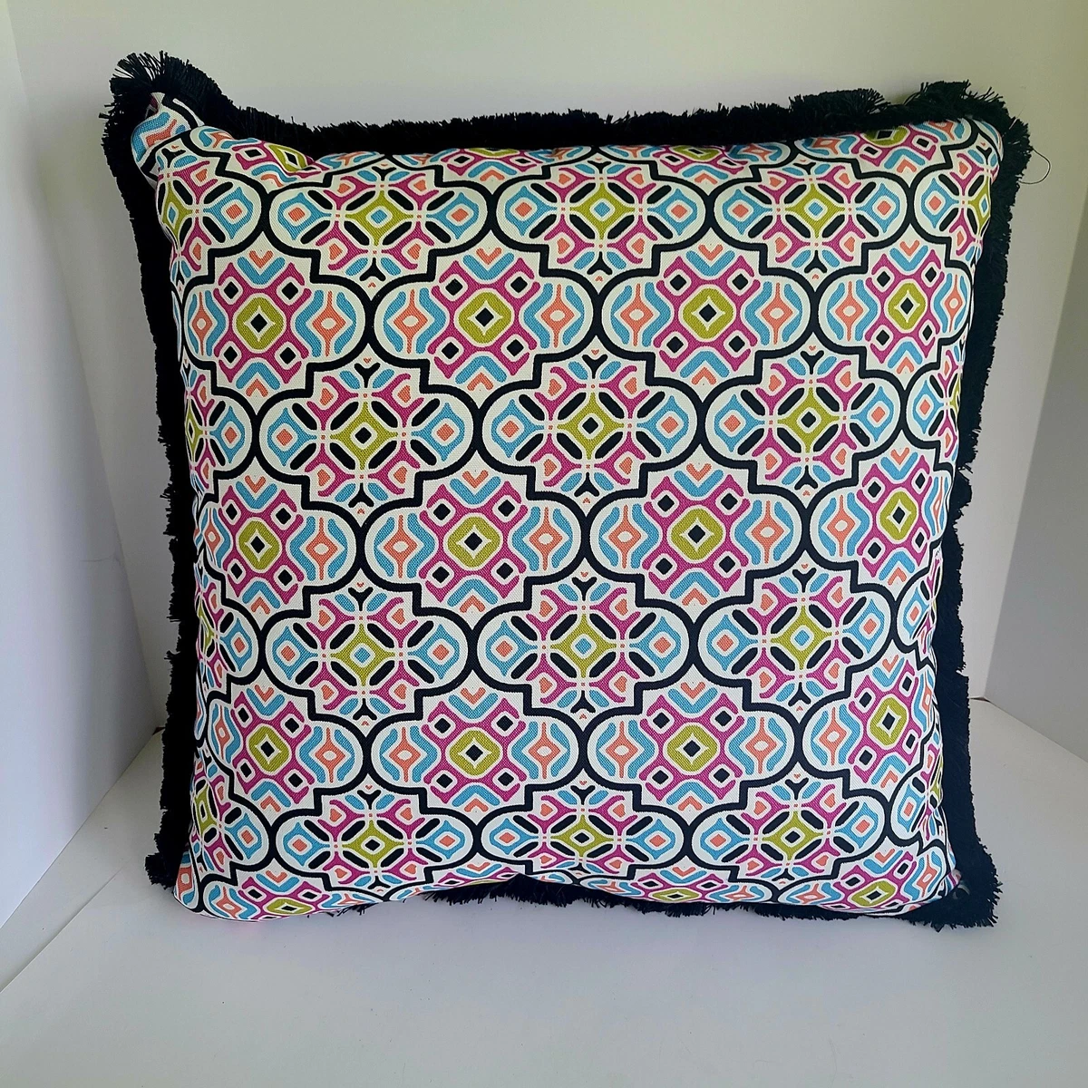 Hampton Bay Palace Tile Square Outdoor Throw Pillow with Fringe 20